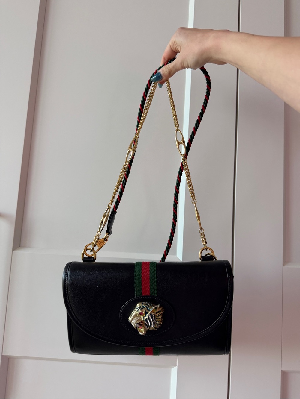 Gucci Black Leather Shoulder Bag with Green and Red Stripe and Gold Tiger Head